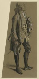Modellstudie zu Jakob Friedrich Freiherr von Bielfeldt, Staatsmann unter Friedrich II., Ganzfigur stehend nach rechts. Vorstudie zum Gemälde "Flötenkonzert Friedrichs des Großen in Sanssouci"