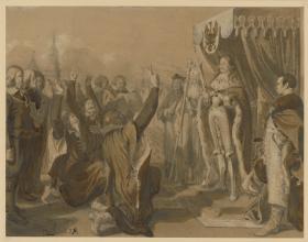 Friedrich Wilhelm Kurfürst von Brandenburg empfängt die Erbhuldigung der Preußischen Landstände zu Königsberg am 18. Oktober 1663. Entwurf für die "Denkwürdigkeiten aus der Brandenburgisch-Preußischen Geschichte"
