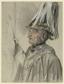Friedrich Graf von Wrangel im Mantel mit Helm und Federbusch, fast Profil nach links, Porträtstudie zu "Die Krönung Wilhelms I. in Königsberg"