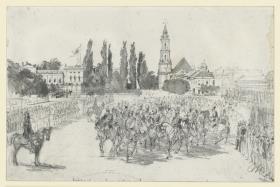 Studie zum Gemälde "Parade Victor Emanuel am Stadtschloß in Potsdam" mit Konstruktionslinien