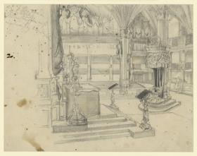 Inneres der Schlosskirche zu Königsberg, Skizze mit Notizen zu "Die Krönung Wilhelms I. in Königsberg"