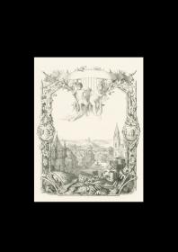 Kleinstadtansicht mit Burgruine. Eindruckblatt vor der Schrift