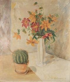 Blühender Kaktus und Vase mit Dahlien