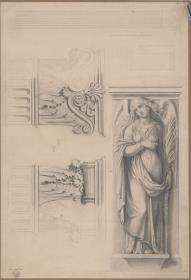 Potsdam. Nikolaikirche. Pilaster der Haupteingangstür mit dem Kapitell im Detail und Engelsfigur am Pilaster im Fenster über der Haupteingangstür