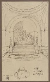 Entwurf zu einem Luther-Denkmal in einer kapellenartigen Architektur, der Reformator stehend, mit Beifiguren und Grundriss mit Maßangaben