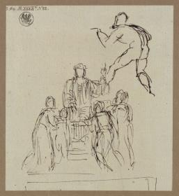 Entwurf zu einem Luther-Denkmal, der Reformator stehend, mit Beifiguren und Studie zu einer Beifigur