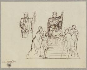 Entwurf zu einem Luther-Denkmal, der Reformator stehend, mit Beifiguren und Studie zur Figur Luthers