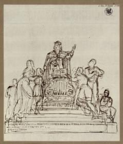 Entwurf zu einem Luther-Denkmal, der Reformator stehend, mit Beifiguren