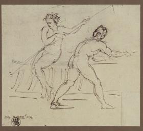 Berlin. Altes Museum am Lustgarten, Vorhalle. Zwei Studienfiguren, wohl für die Schiffer im Wandgemälde "Die Entwicklung des Lebens auf der Erde vom Morgen zum Abend"