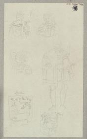 Zwei Brustbilder von Königen & Ein Geharnischter & Eine Kostümstudie & Ein Wappen