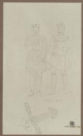 Kostümstudie. Ein Ritter und Karl der Große & Ein Schwertgriff
