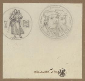 Medaille auf die Union der lutherischen und der reformierten Kirche in Preußen. Entwurf zum Avers mit den Porträts von Martin Luther und Johannes Calvin und zum Revers mit der allegorischen Darstellung von "Glaube, Liebe, Hoffnung"