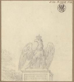 Ein gekrönter Adler auf einem Postament mit angedeuteter Inschrift