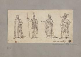 Vier Kostümfiguren aus "Kostüme auf dem Königlichen National-Theater in Berlin"