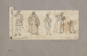 Fünf Kostümfiguren aus "Kostüme auf dem Königlichen National-Theater in Berlin"