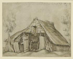Ein strohgedeckter Wagenschuppen mit Heuboden (Skizzenbuchblatt)