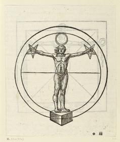 Männliche nackte Figur mit Pentagrammen an den Händen und Ring über dem Kopf