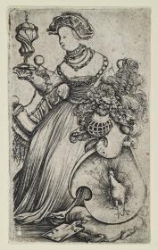 Dame mit Deckelpokal und Wappenschild mit Pfau (Superbia)