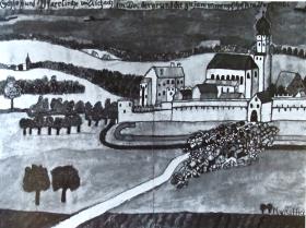 Schloß und Pfarrkirche von Aichach im Vordergrund die zusammengeschossene Vorstadt.