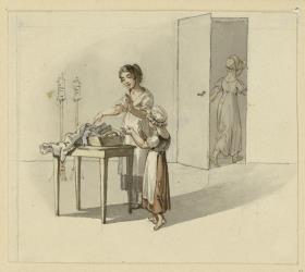 Illustration: Junge Frau und kleines Mädchen in freudiger Überraschung vor einem Korb mit Kleidungsstücken