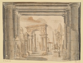 Proszenium mit antiken Säulen. Triumphbogen, Pyramide, Reiterstatue und Baldachinthron als Dekor