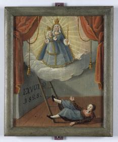 Mutter Gottes auf Wolkenbank/ Unfall einer Frau an einer Leiter