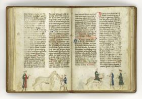 Giordano Rosso, Libro delle Mariscalcie dei cavalli. Berittenes Pferd mit verbundenem Kopf, davor rechts zwei Männer mit weisenden Gebärden