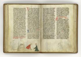 Giordano Rosso, Libro delle Mariscalcie dei cavalli. Am Boden liegendes und an den Füßen gefeseltes Pferd, das von zwei Männern in Rot und Grün im Rachen operiert wird