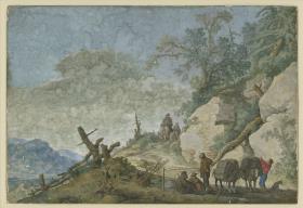 Landschaft mit felsiger Anhöhe und Reitergruppen