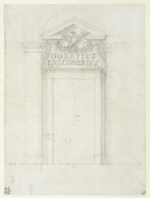 architektonische Details, Türeinfassung mit Inschrift und Falke