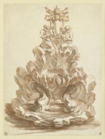 Wandbrunnen mit  Tritonen, Delphinen und leeren Papstwappen