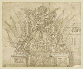 Festbrunnen mit kaiserlichen Doppeladler, Krone, Säulen und Fahnen