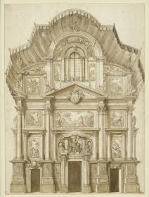 Festdekoration einer Kirchenfassade mit Wappen Benedikt XIII