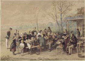 Gesellschaft im Gartenlokal (Hier können Familien Kaffee kochen)