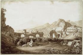 Blick auf die Ruinen des Theaters von Taormina und den Ätna
