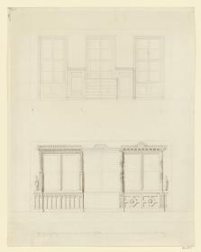 zwei Entwürfe, Saalwand mit Fenstern, Bibliothekswand