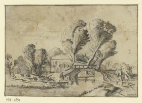 Flusslandschaft mit Gehöft, Bäumen, Brücke und verschiedenen Staffagefiguren