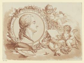 Allegorisches Bildnis von Jean-Baptiste Huet in einem Medaillon umgeben von Putten (nach einer Druckgraphik von Demarteau)