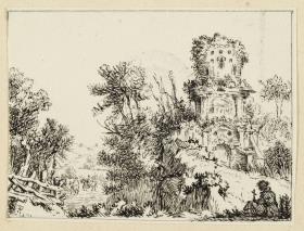 Landschaft mit Ruinen, im Hintergrund Reiter, im Vordergrund einzelne sitzende Figur mit einem Kreuz