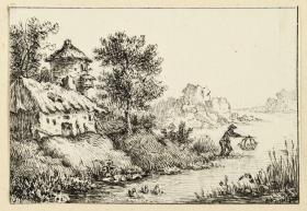 Flusslandschaft mit Gebäude, Taubenschlag und Fischer am Ufer