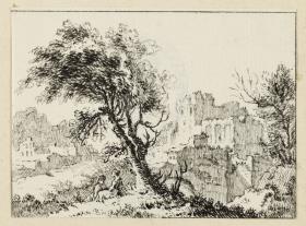 Landschaft: Im Vordergrund lagerndes Paar unter einem Baum, im Hintergrund Ruinen