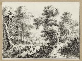 Baumreiche Landschaft mit Pferdefuhrwerk