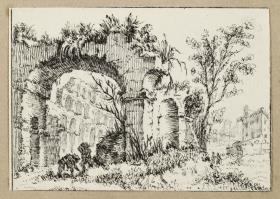 Landschaft mit überwucherten Ruinen und Staffagefiguren