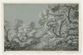 Baumbestandene Landschaft, in der Mitte ein Weg