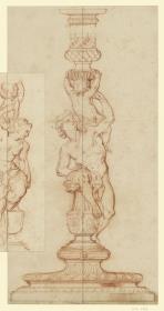 Großer Leuchter mit männlicher Figur, ein Kind auf der Schulter tragend
