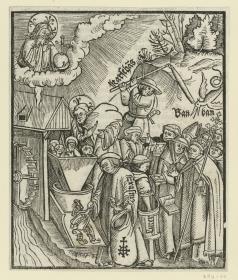 Die Mühle Christi: Christus gibt die Evangelisten und Apostel samt Heiligen Geist in den Trichter, Erasmus und Luther verteilen die Ergebnisse (Bibeln) an die anwesenden Kleriker (im Hintergrund der "Karsthans")