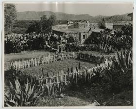 Bauernhaus und mit Agaven eingezäunter Garten