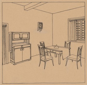 Friedberg, Zimmer für Firma H. Bindewald, Speisezimmer, Perspektive mit Anrichte, Tisch und vier Stühlen