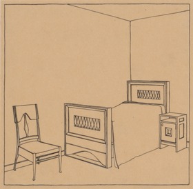 Friedberg, Zimmer für H. Bindewald, Schlafzimmer, Perspektive mit Bett, Stuhl und Nachtschränkchen