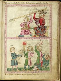 Speculum humanae Salvationis (Heilspiegel). Saul wirft nach David den Speer / Kain und Abels Opfer und Kain erschlägt Abel